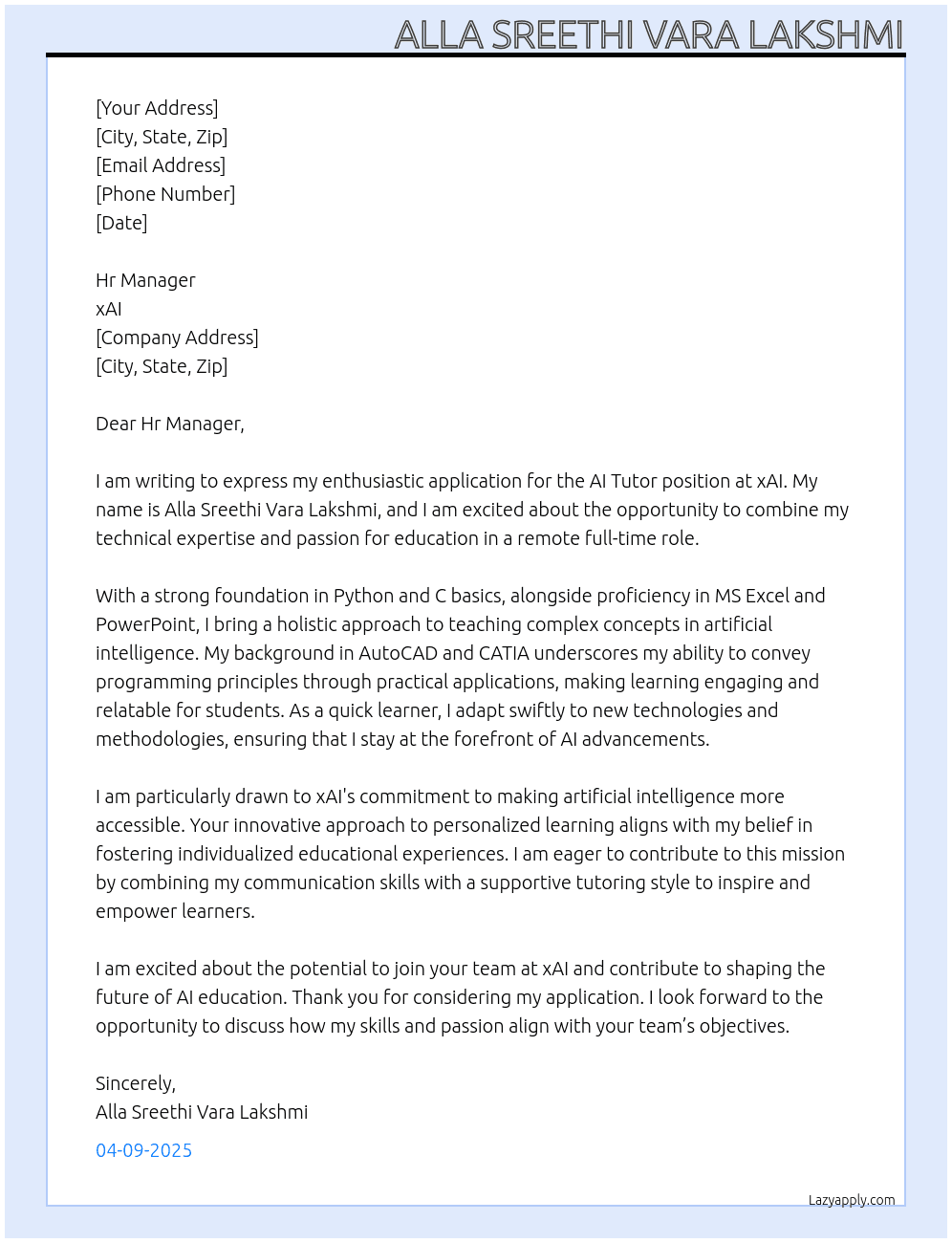 Cover letter for ai tutor position - LazyApply