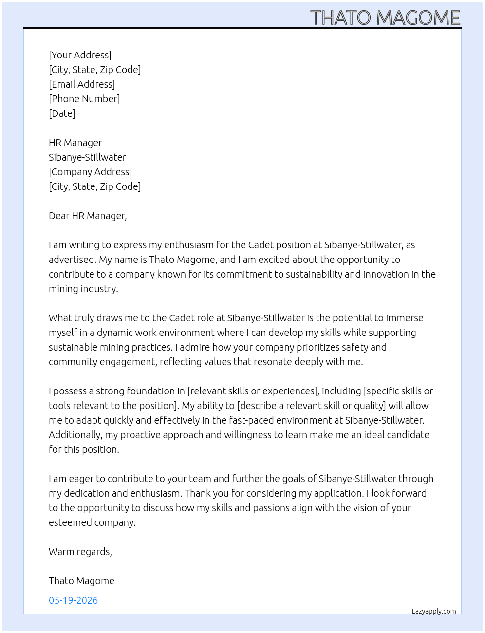 Cadet At Sibanye-stillwater  Cover Letter