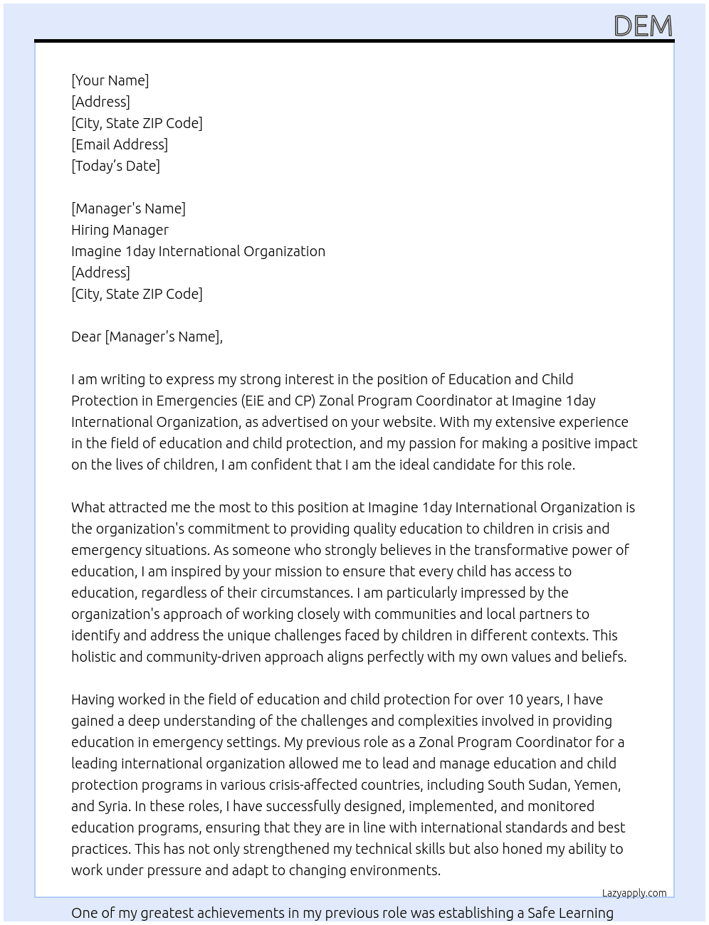  Education and Child Protection in Emergencies (EiE and CP) Zonal Program Coordinator At Imagine 1day international organization  Cover Letter