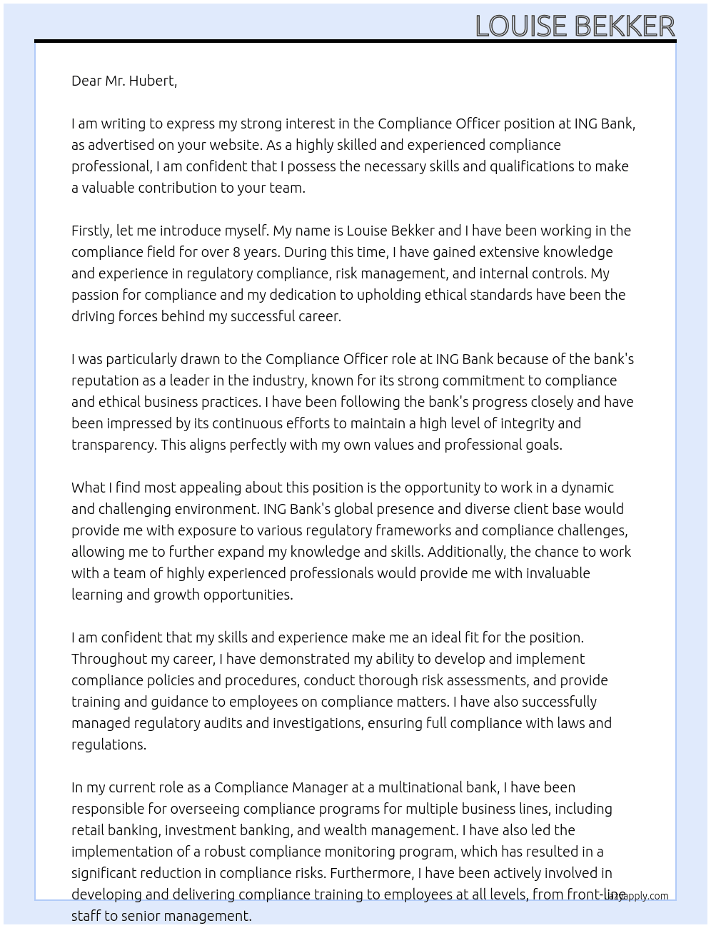 Compliance Officer At ING bank Cover Letter