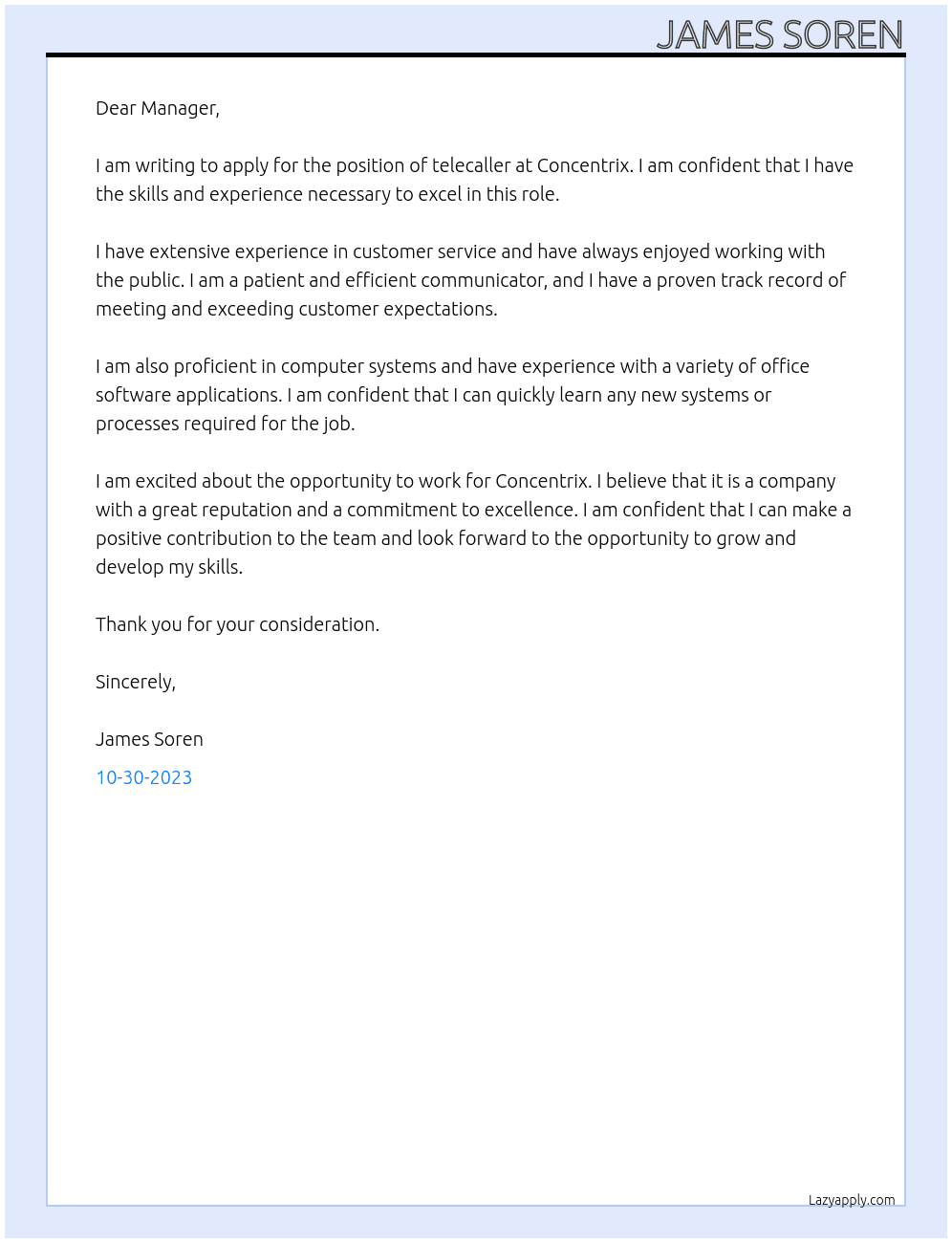 telecaller At Concentrix Cover Letter