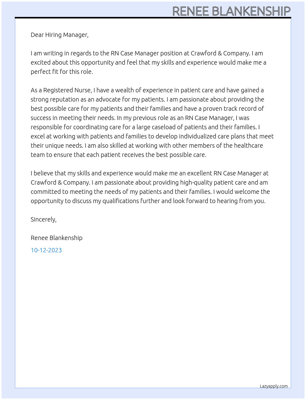 RN Case Manager At Crawford & Company Cover Letter