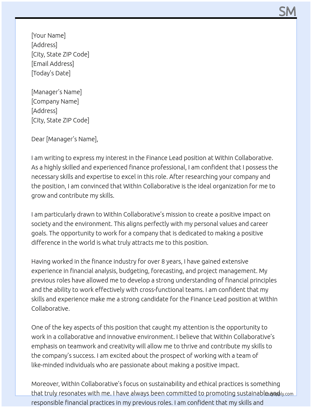 Finance Lead At WithIn Collaborative Cover Letter