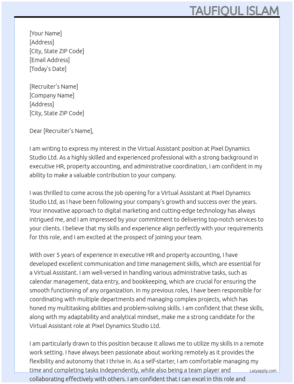 Virtual Assistant At Pixel Dynamics Studio Ltd Cover Letter