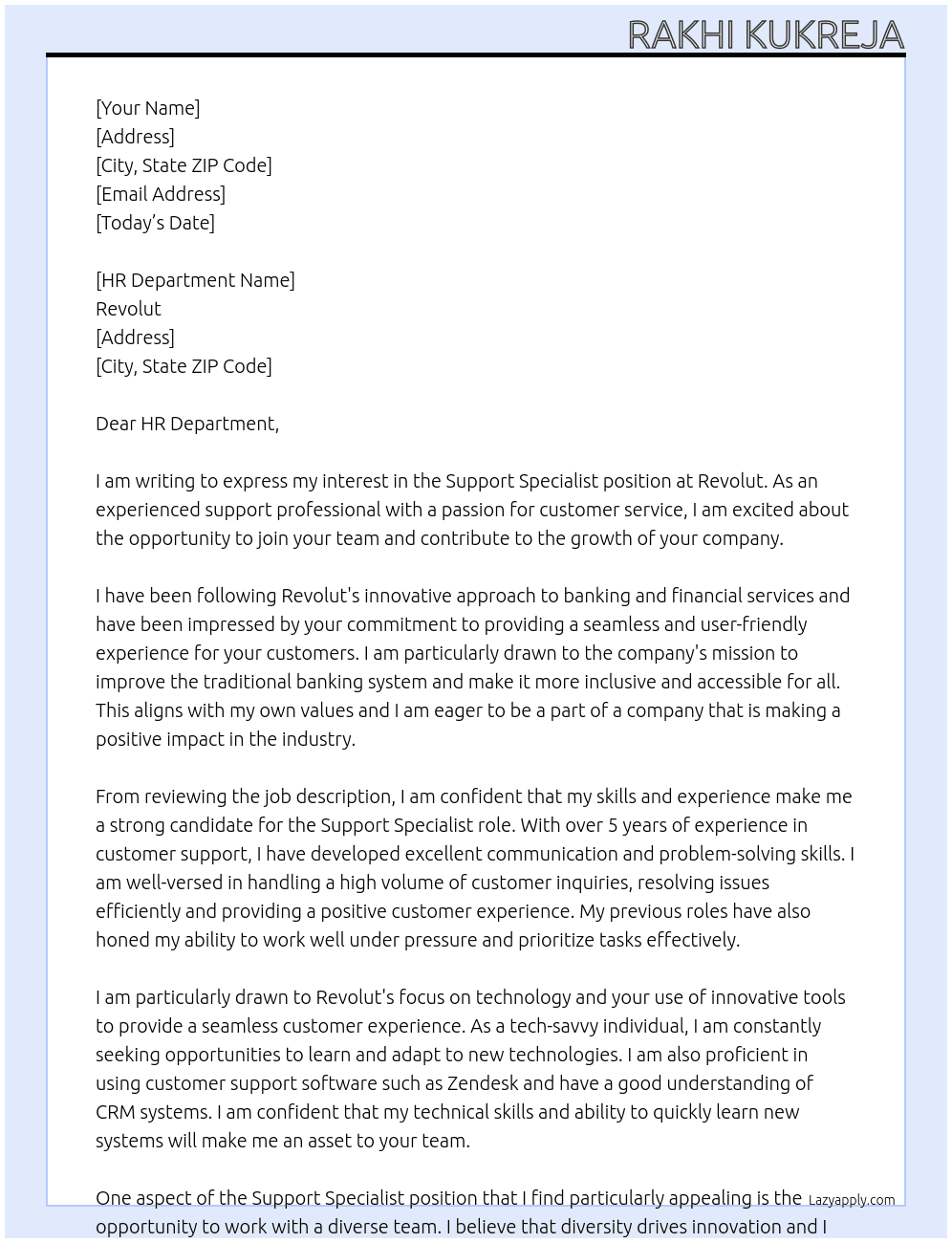 Support Specialist  At Revolut  Cover Letter