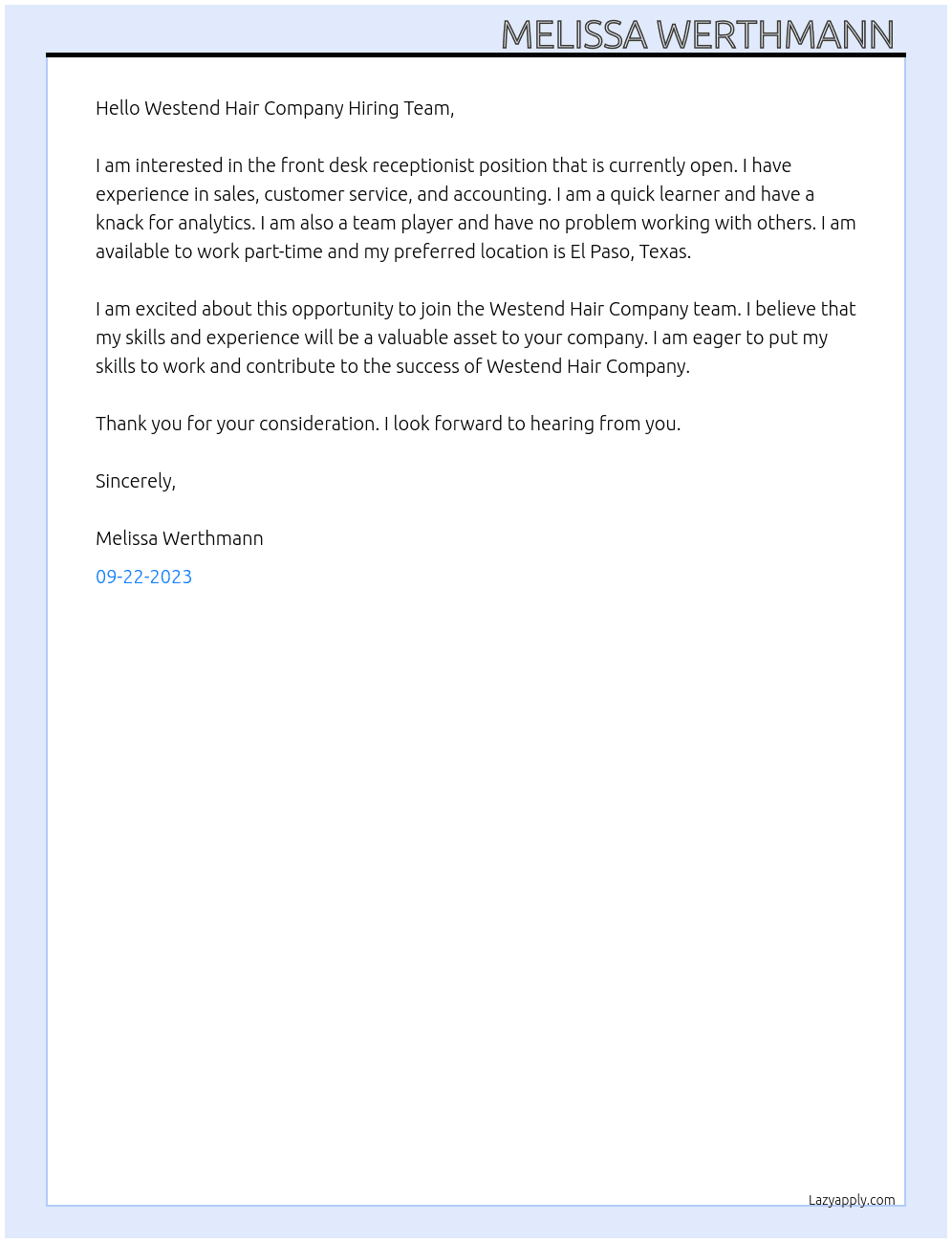 Front Desk Receptionists At Westend Hair Company Cover Letter