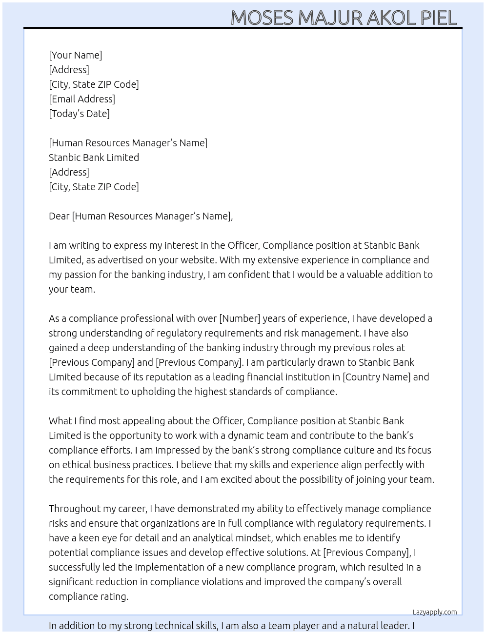 Officer, Compliance  At Stanbic Bank Limited  Cover Letter