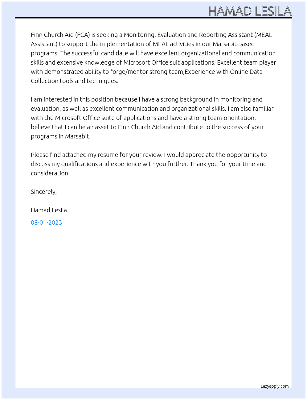 MONITORING, EVALUATION AND REPORTING ASSITANT At Finn Church Aid Cover Letter
