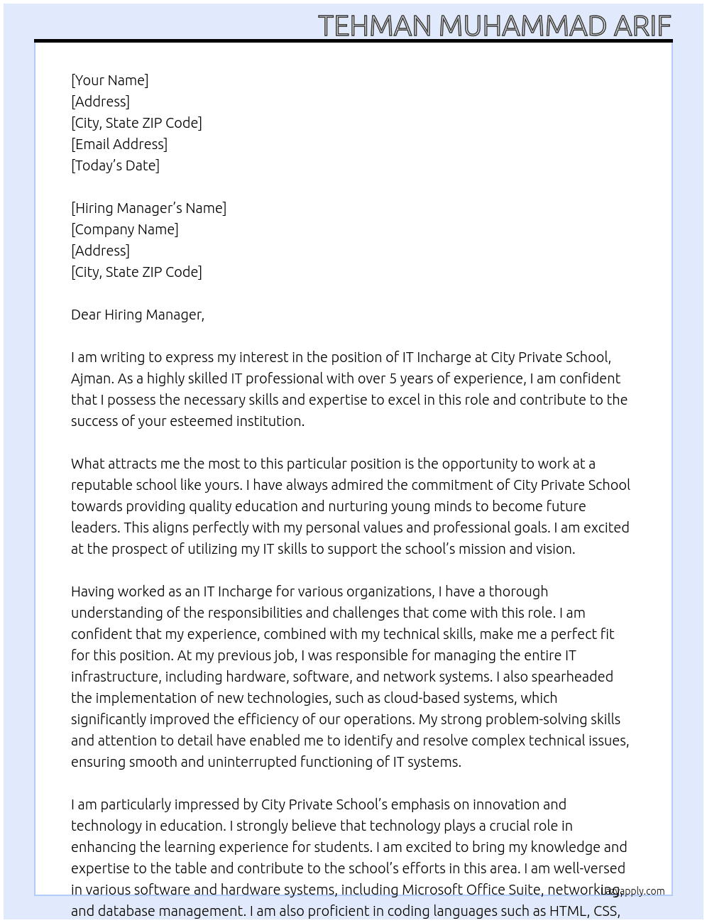 IT Incharge At City Private School, Ajman Cover Letter