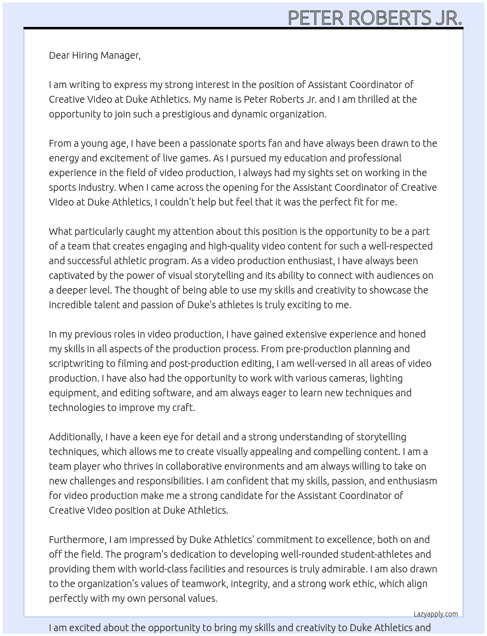 Assistant Coordinator of Creative Video At Duke Athletics Cover Letter