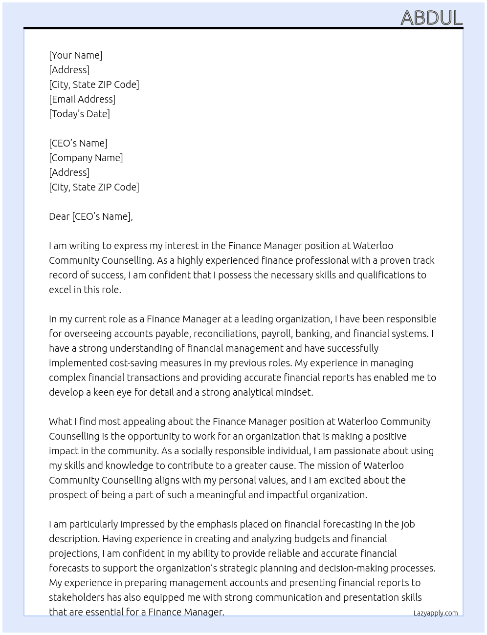 Finance Manager At Waterloo Community Counselling Cover Letter