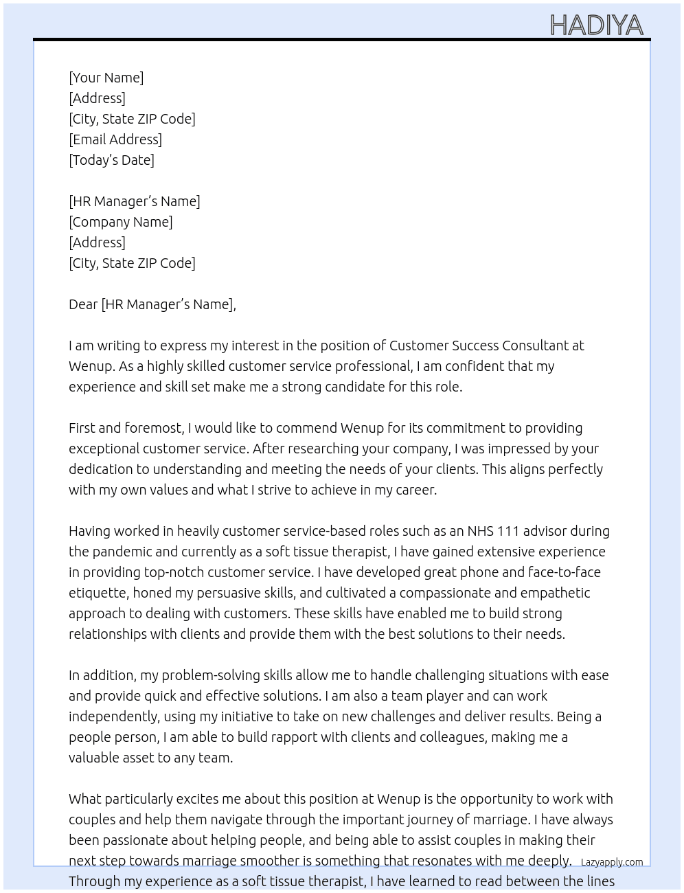 customer success consultant  At Wenup  Cover Letter