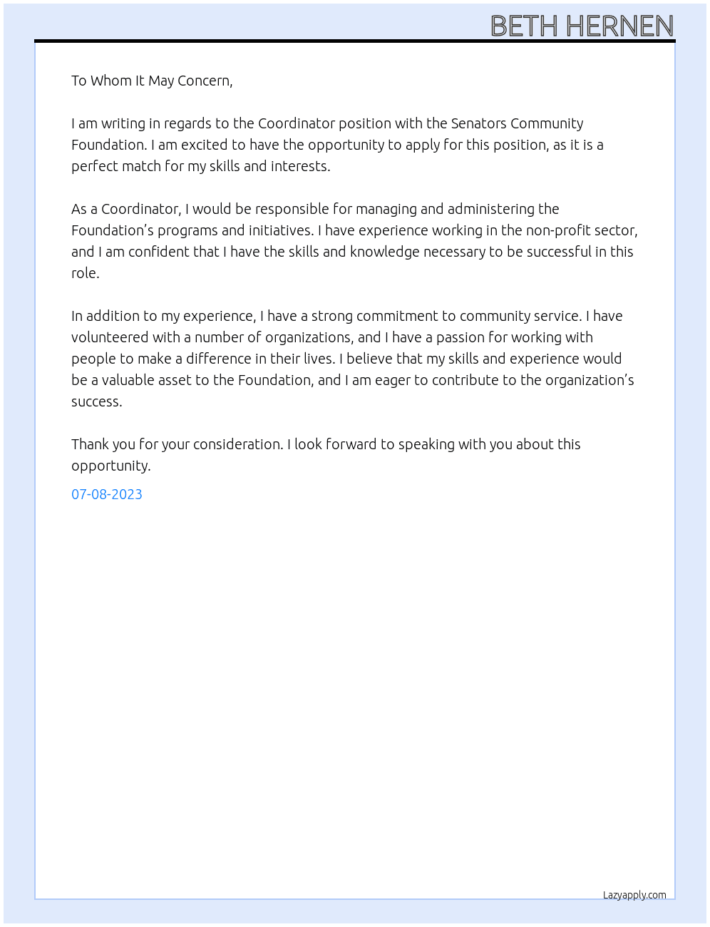 Coordinator At Senators Community Foundation Cover Letter