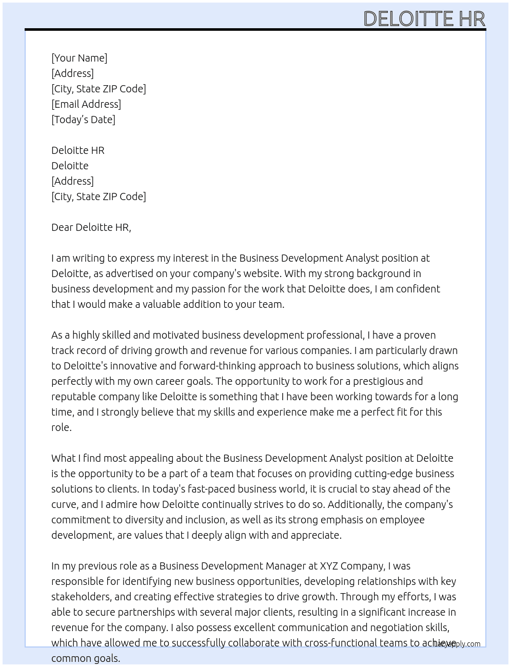 Business development analyst At Deloitte Cover Letter