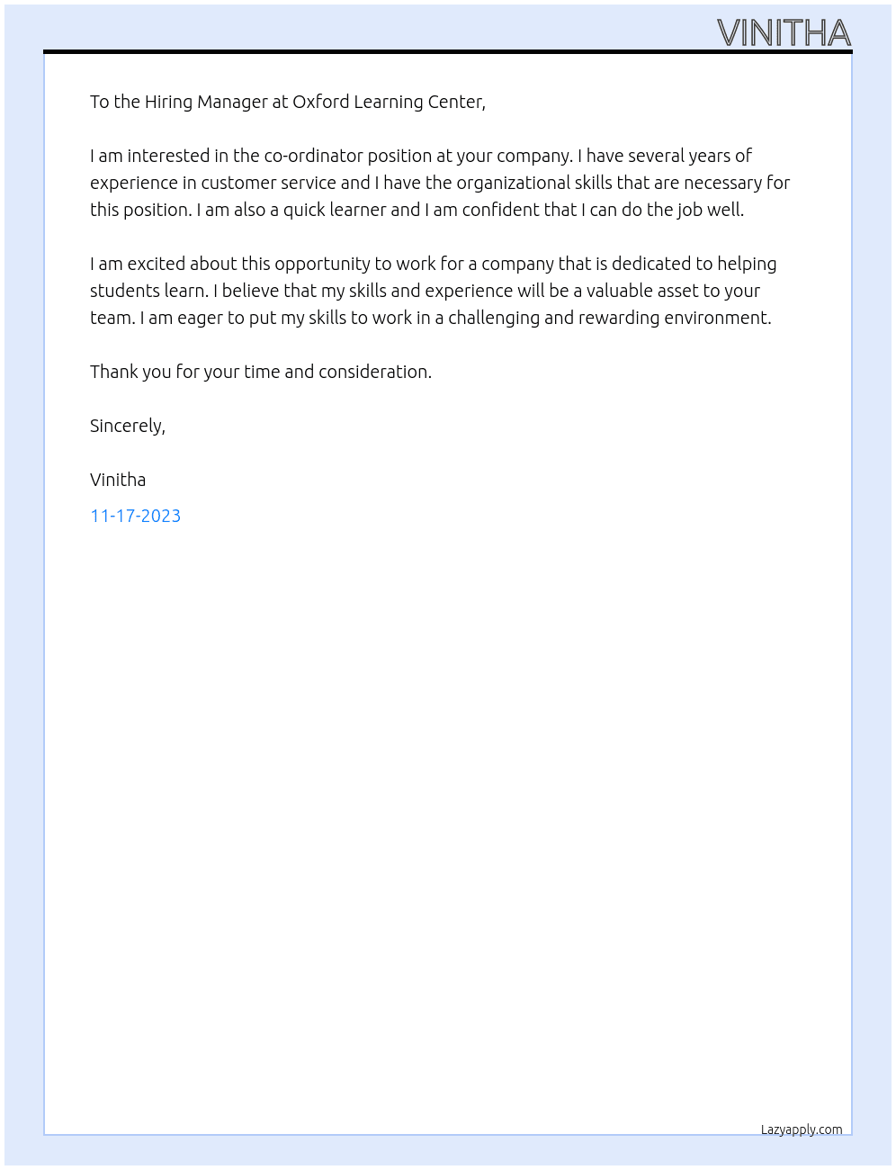 co-ordinator At oxford Learning Center Cover Letter