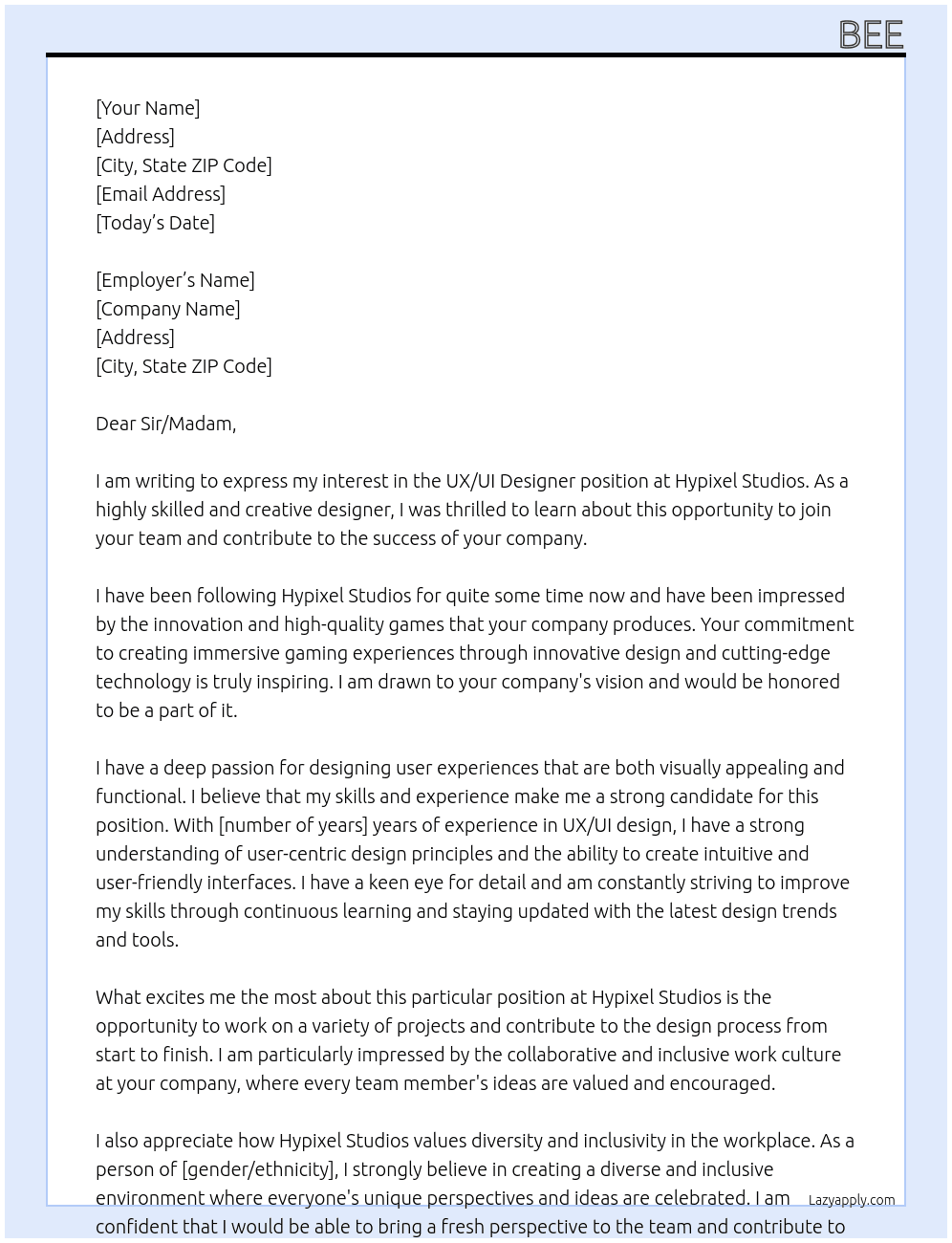 UX/UI designer At Hypixel Studios Cover Letter