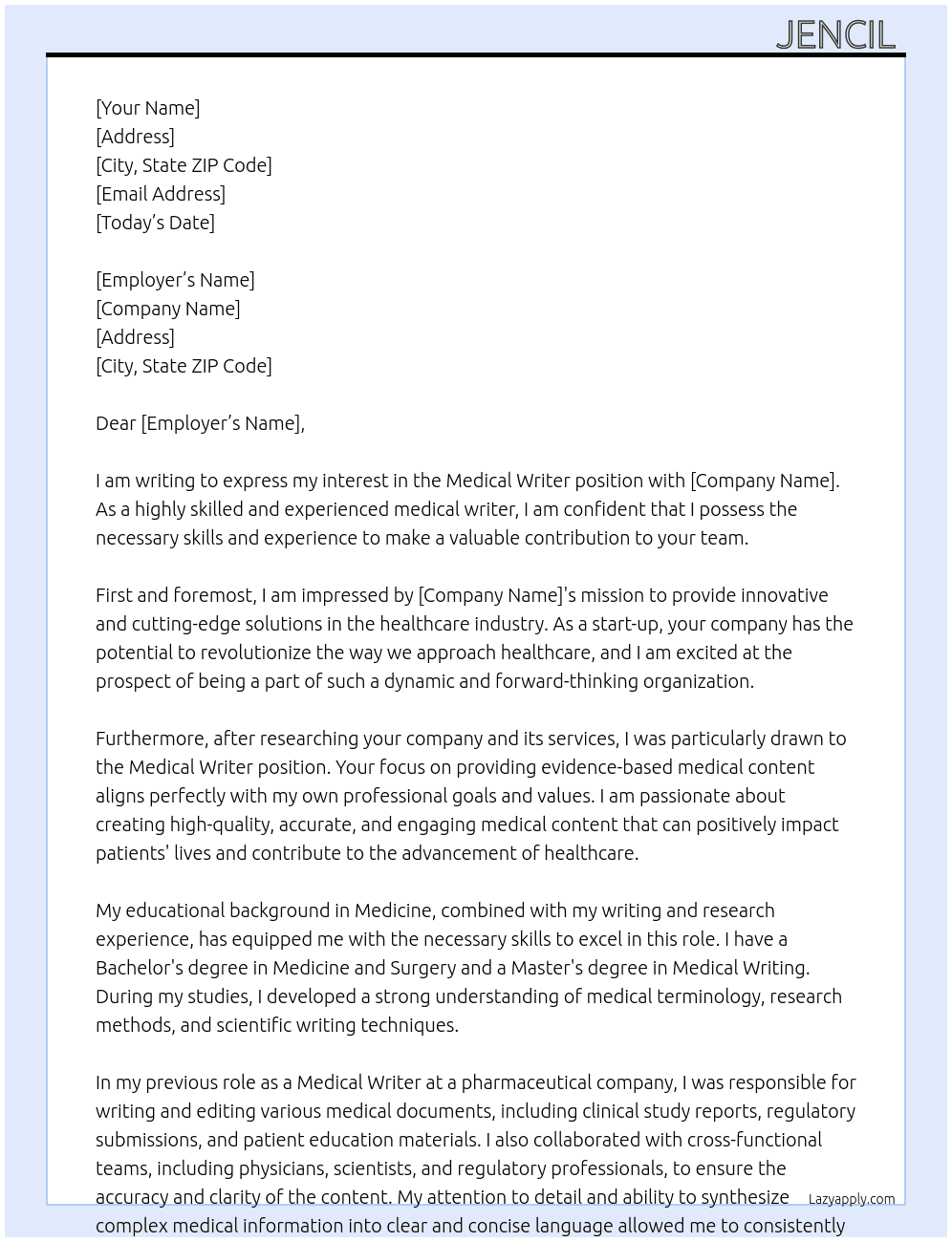 medical writer At start up Cover Letter