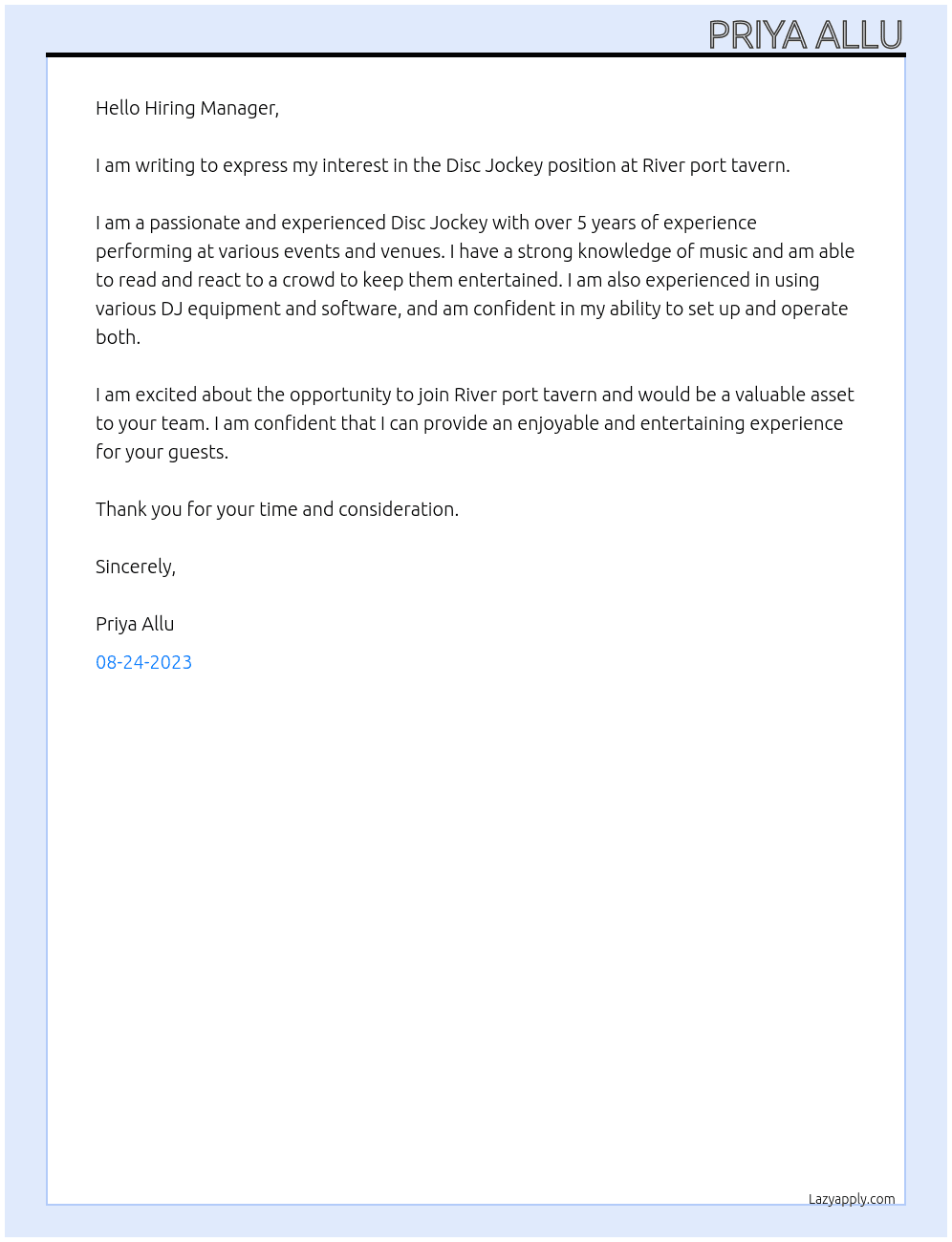 Disc Jockey  At River port tavern  Cover Letter