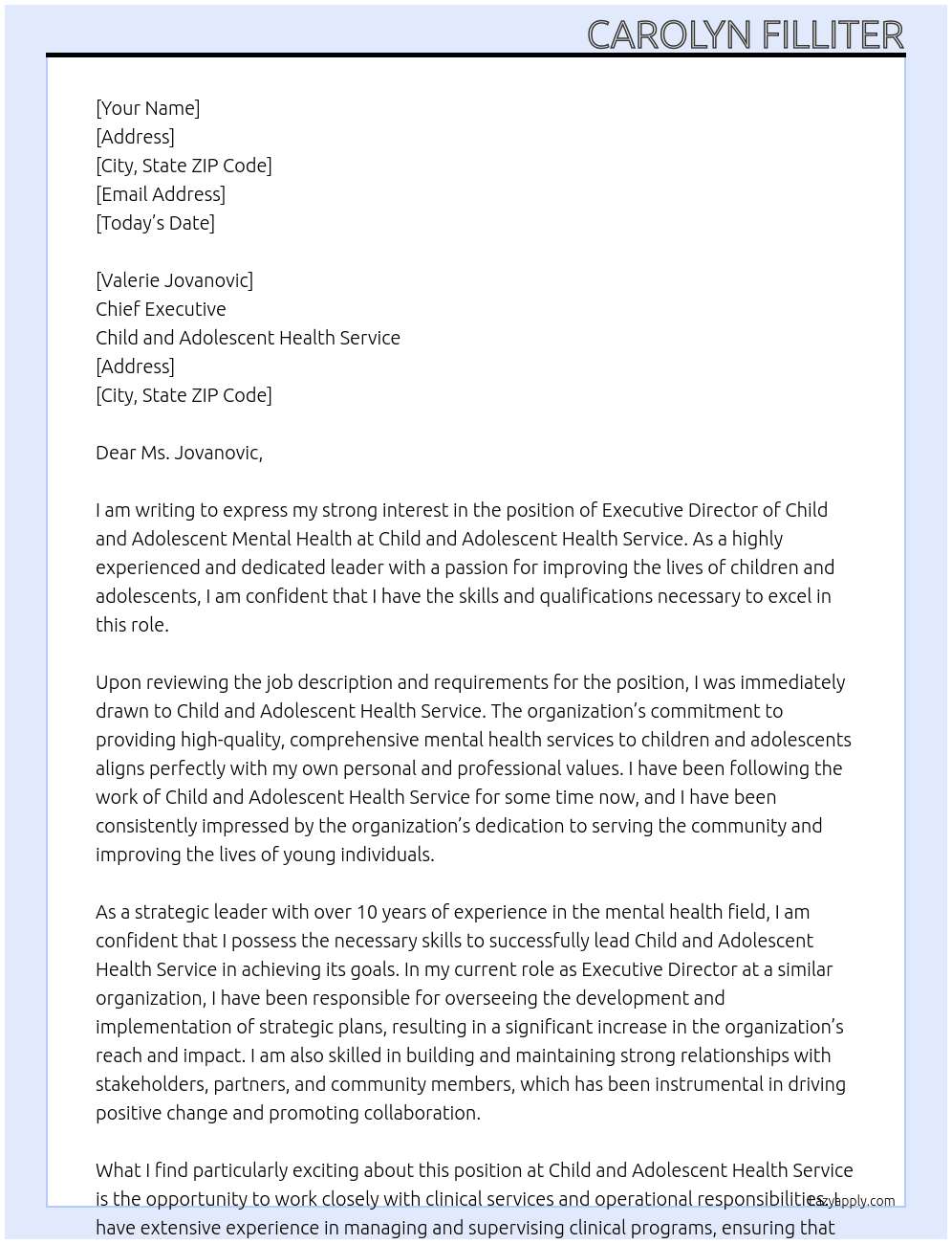 Executive Director Child and Adolescent Mental Health At Child and Adolescent Health Service Cover Letter