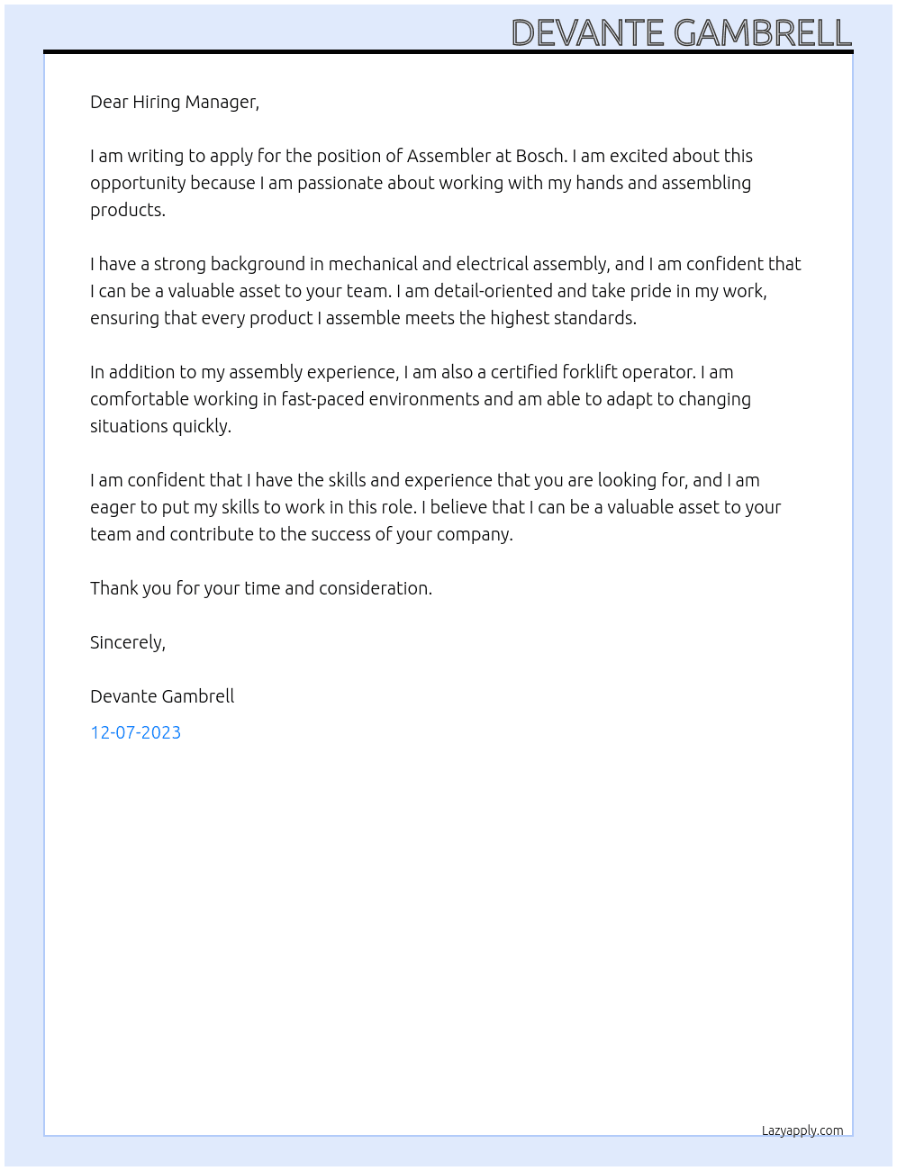 Assembler At Bosch Cover Letter