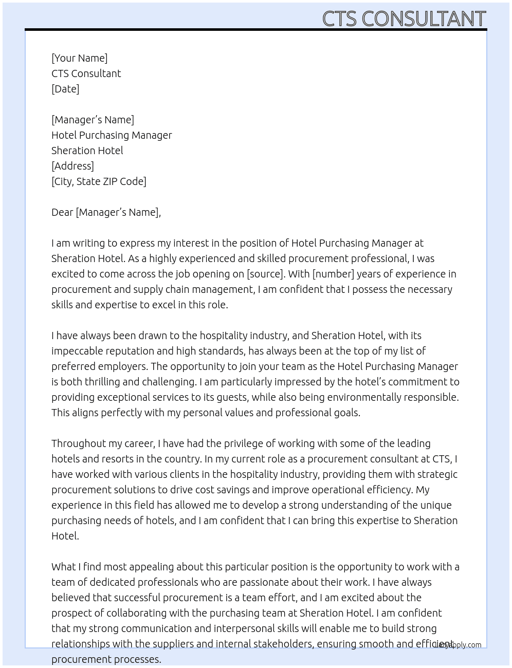 hotel purchace At Sheration hotel Cover Letter