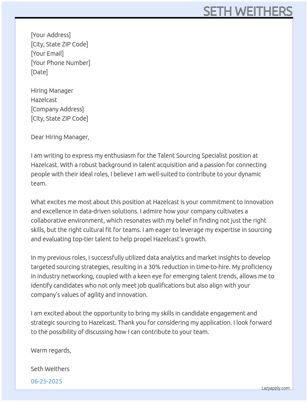 Talent Sourcing Specialist At Hazelcast Cover Letter