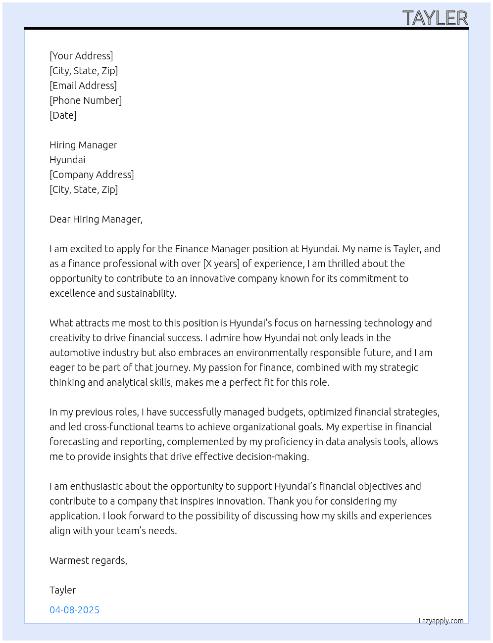 Finance Manager At Hyundai Cover Letter