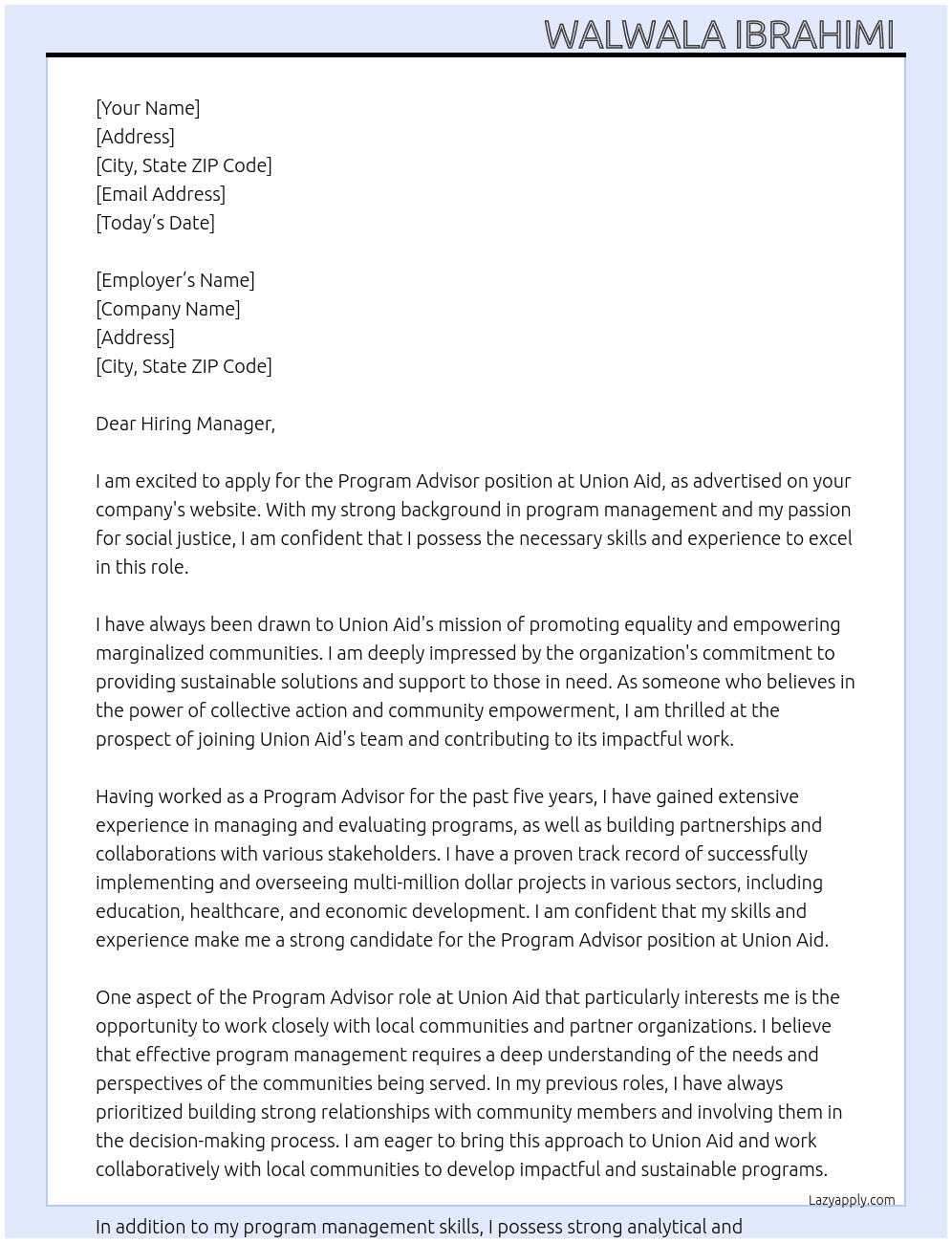 Program advisor  At Union Aid Cover Letter