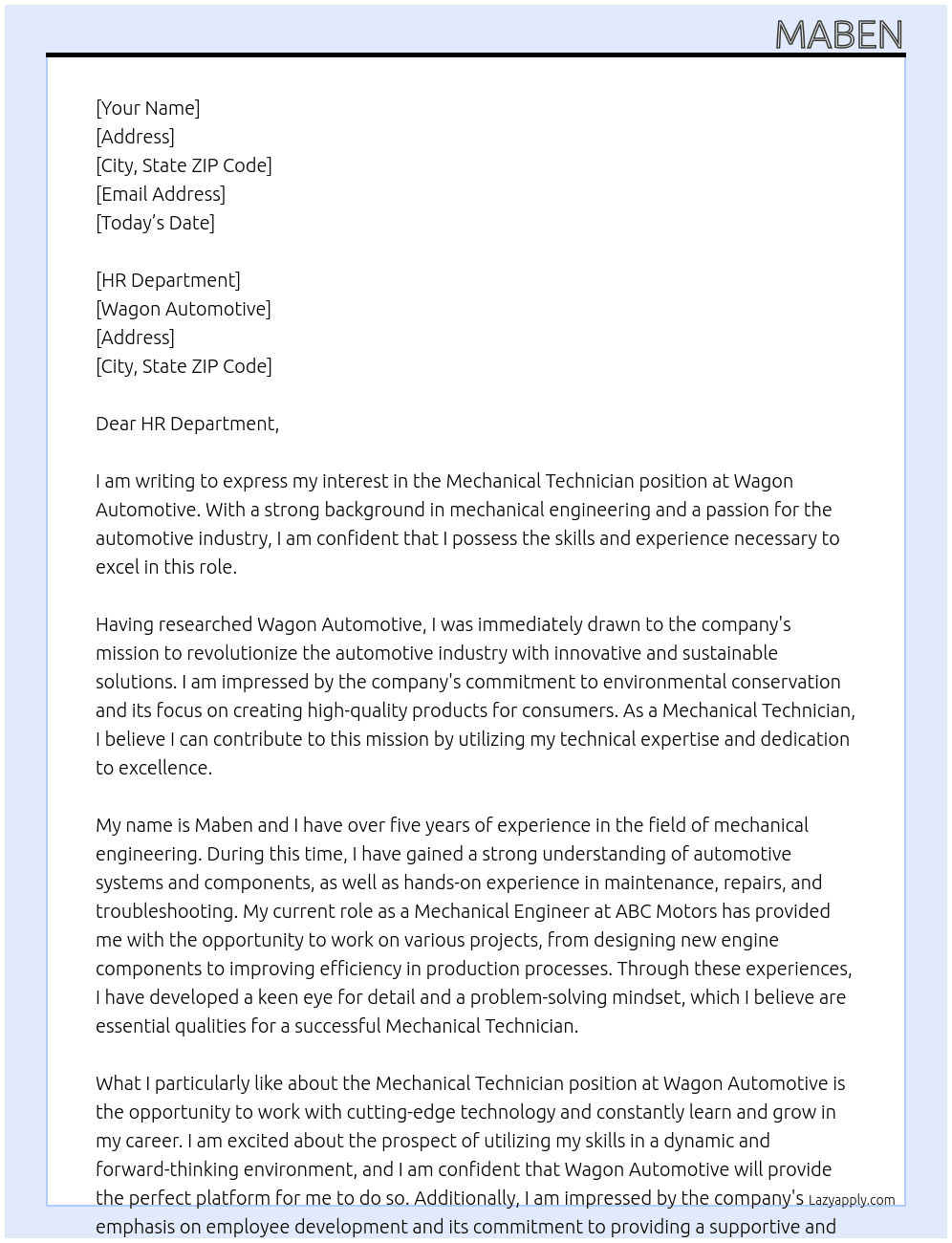 mechanical technician At wagon automotive Cover Letter