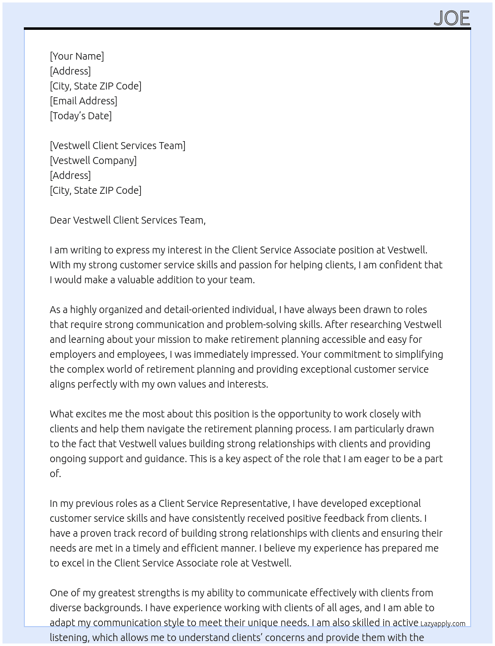 Client Service Associate At Vestwell Cover Letter