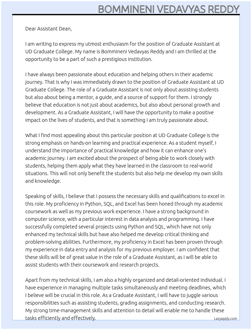 Graduate assistant  At UD Graduate college  Cover Letter