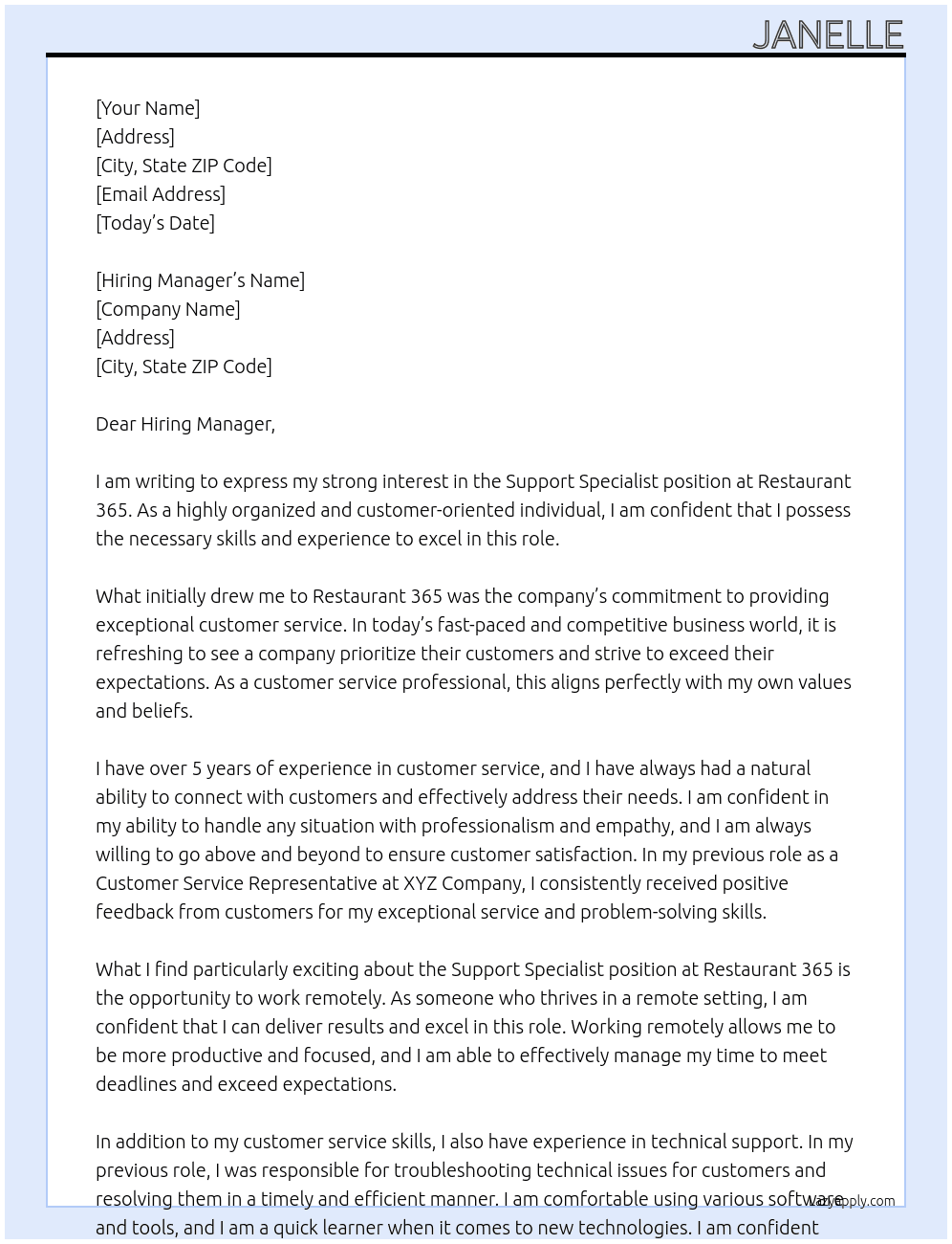 Support Specialist At Restaurant 365 Cover Letter