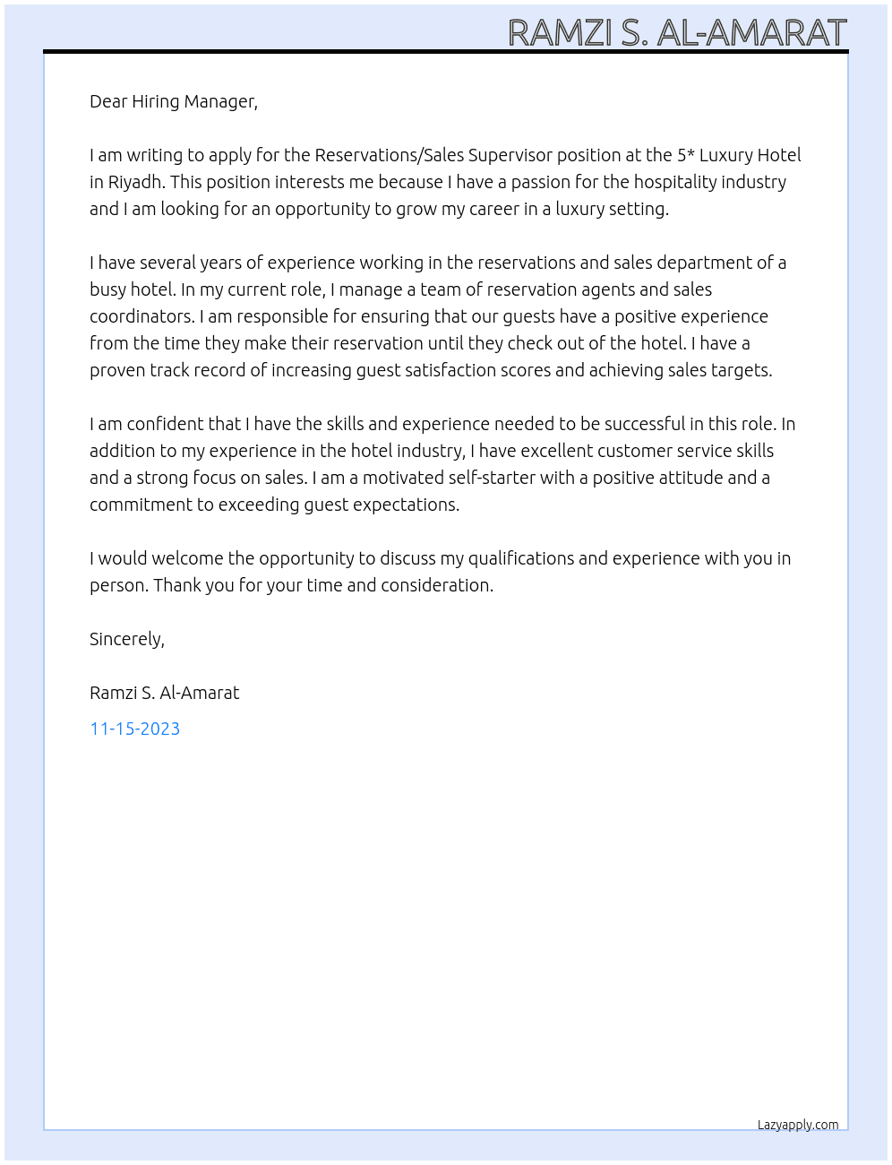 Reservations/Sales Supervisor At 5* Luxury Hotel in Riyadh Cover Letter