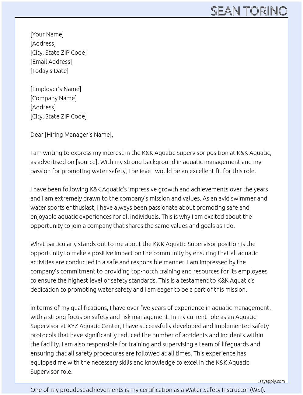 K&K Aquatic Supervisor Applicant At K&K Aquatic Cover Letter