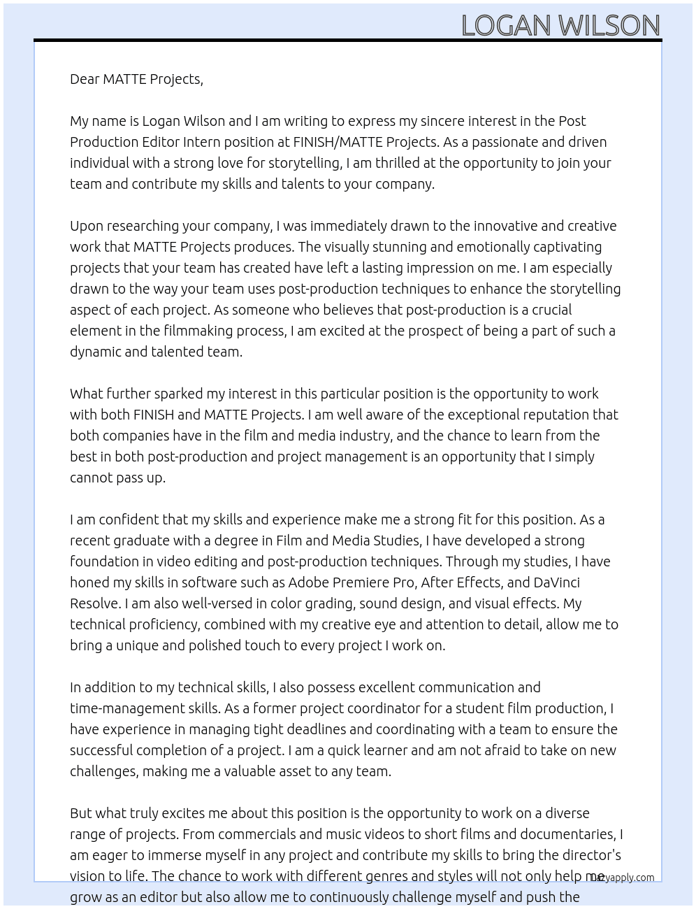 Post Production Editor Intern At FINISH/MATTE Projects Cover Letter