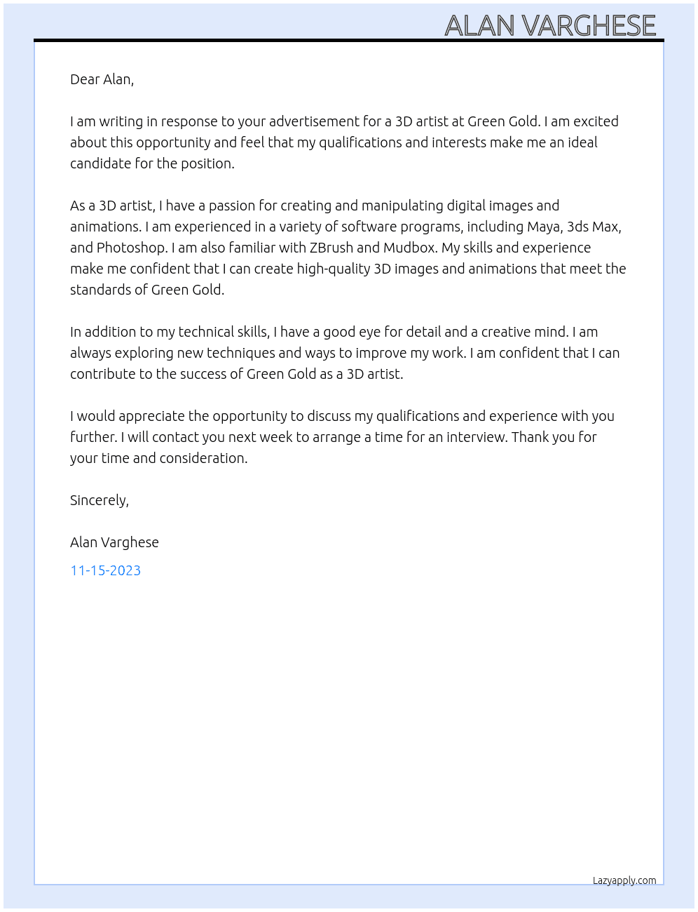 3D artist  At Green gold  Cover Letter