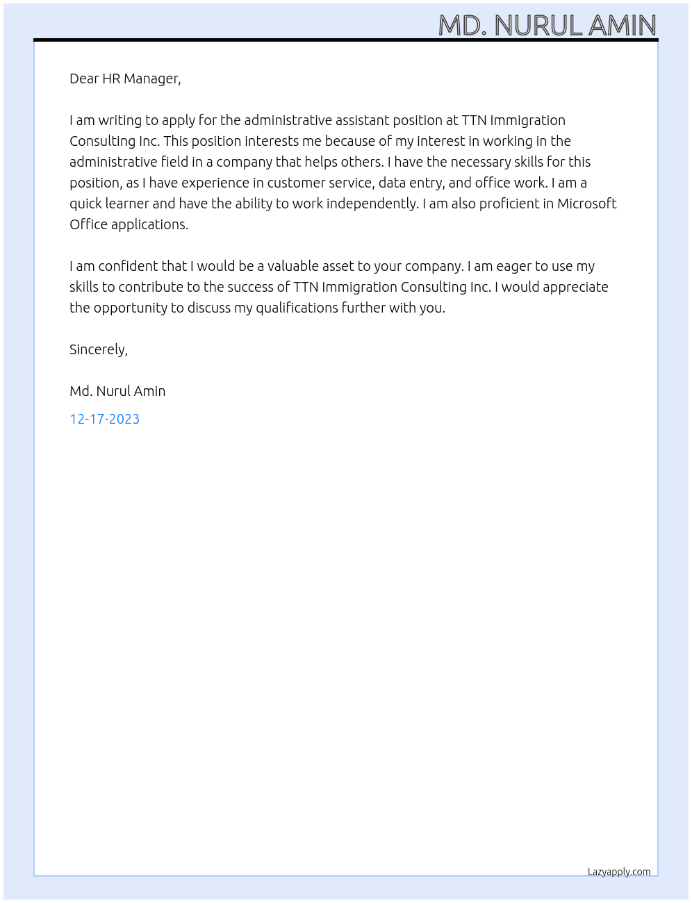 Administrative assistant At TTN Immigration Consulting Inc Cover Letter