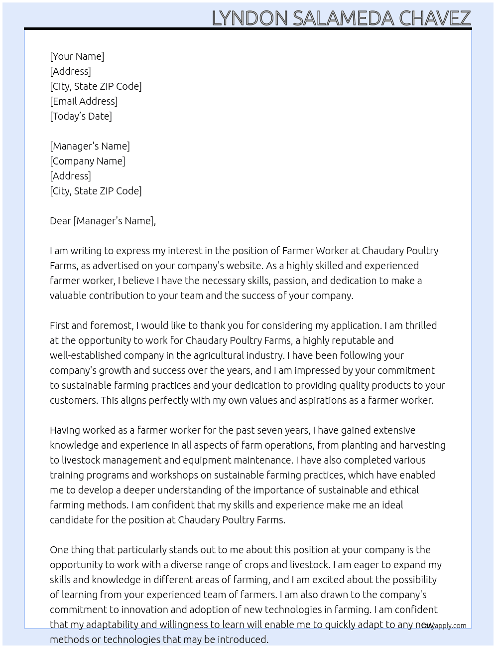 Farmer worker At Chaudary Poultry Farms Cover Letter