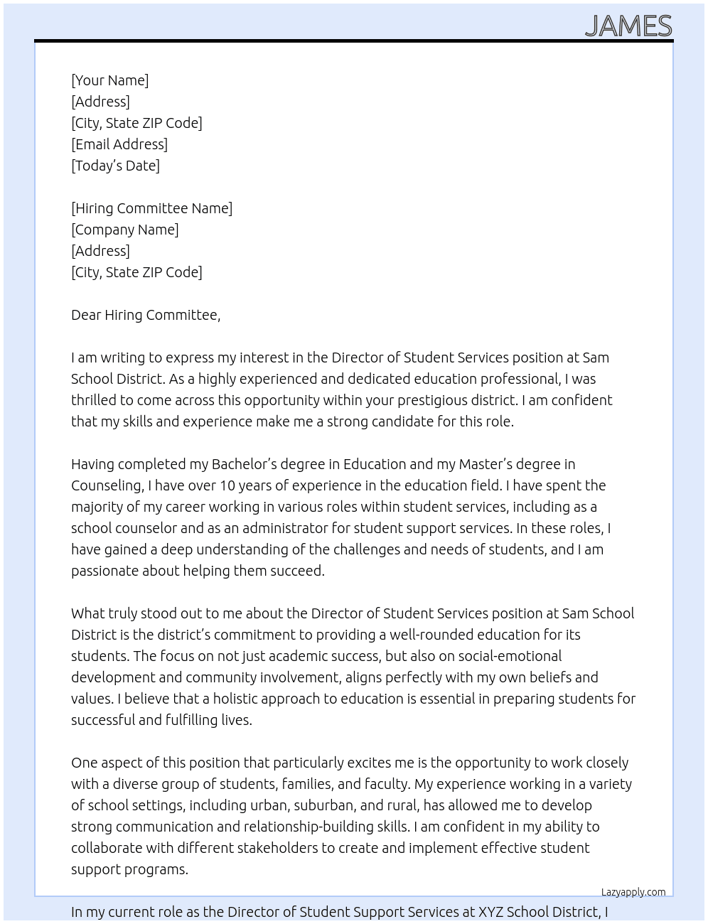 Director of Student Services  At Sam School District  Cover Letter