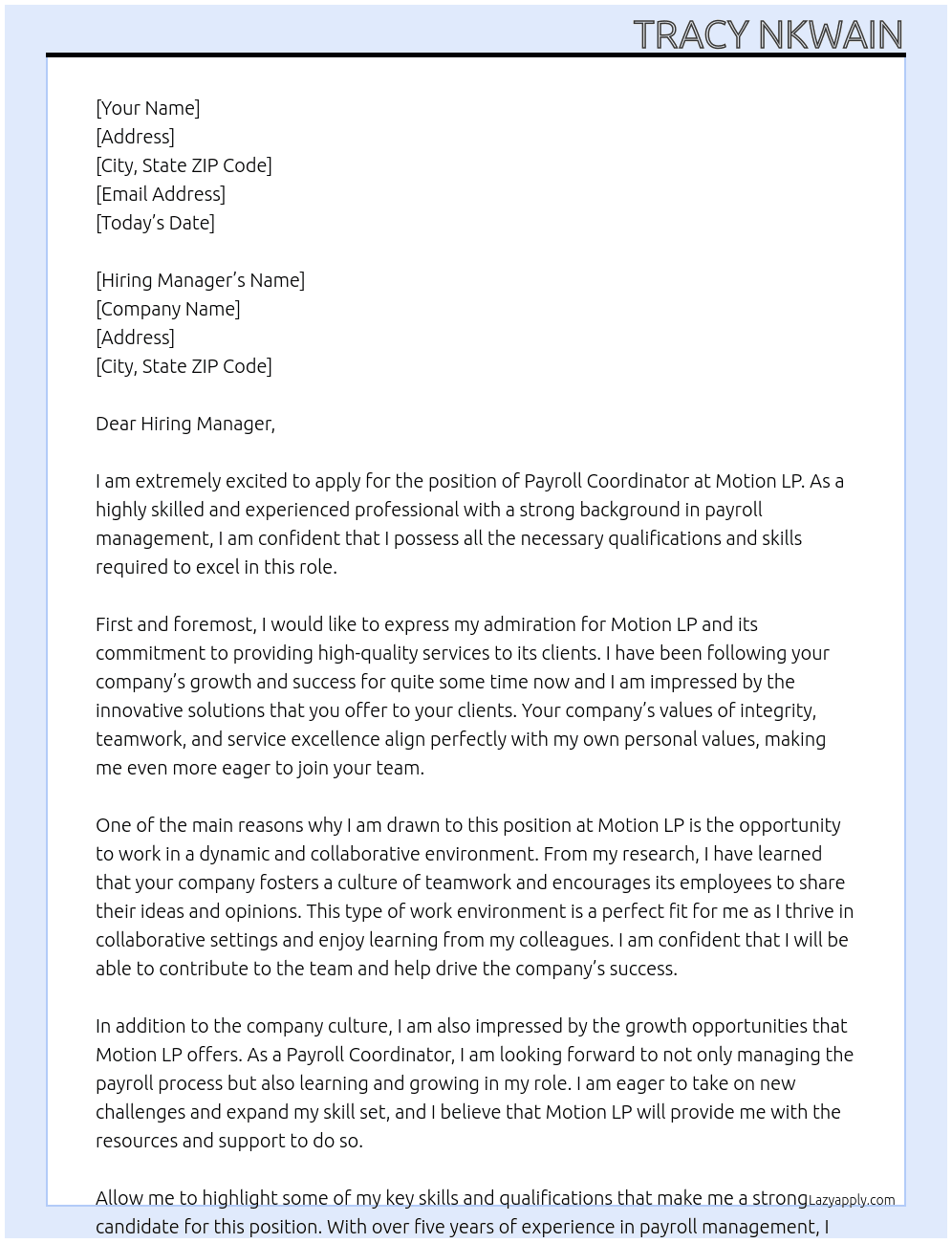 payroll coordinator At Motion LP Cover Letter