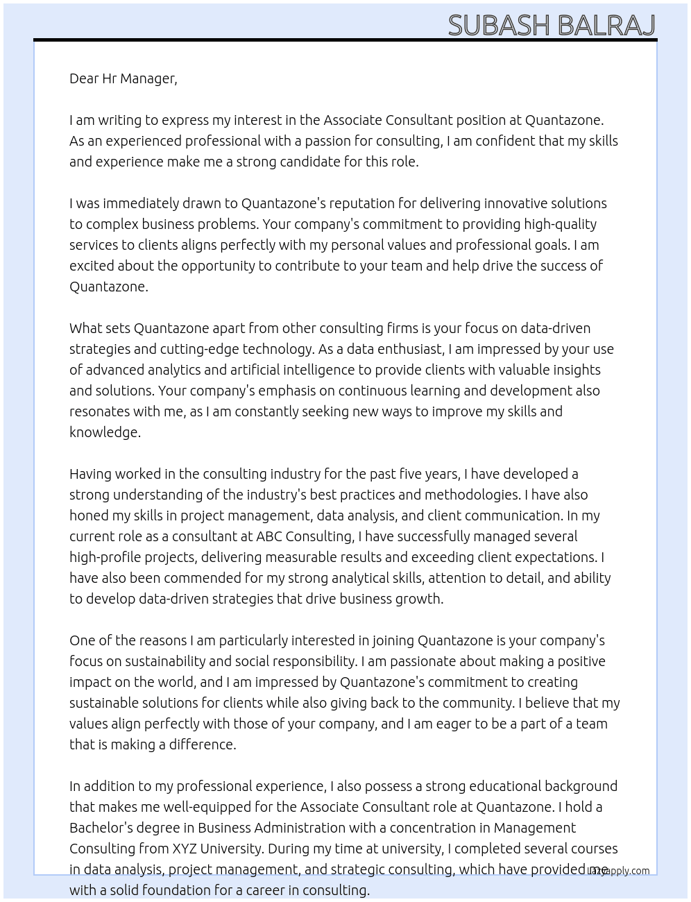 Associate consultant At Quantazone Cover Letter