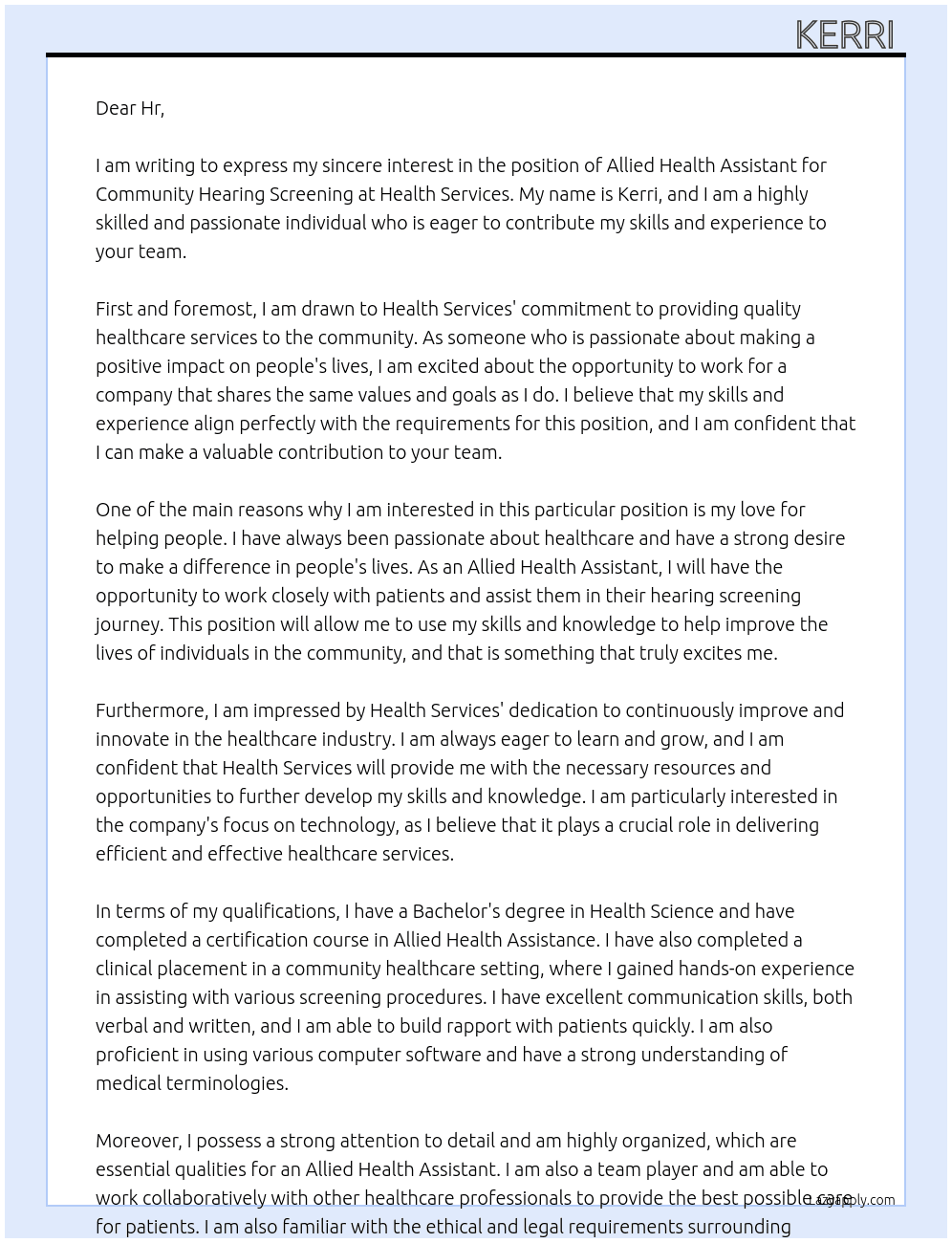 Allied health assistant Community hearing screening  At Health services  Cover Letter