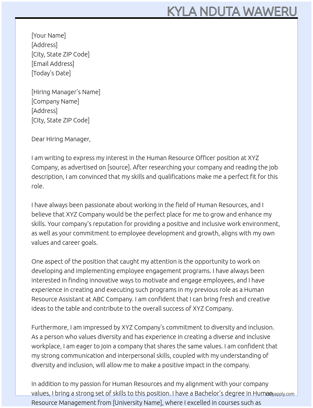 Human Resource Officer At XYZ company Cover Letter