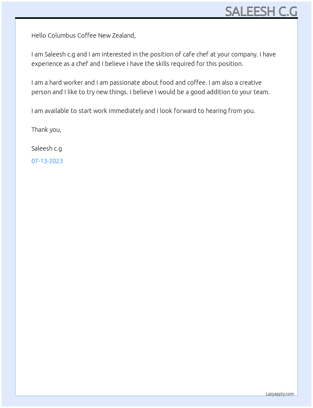 Cafe chef At Columbus Coffee New Zealand Cover Letter