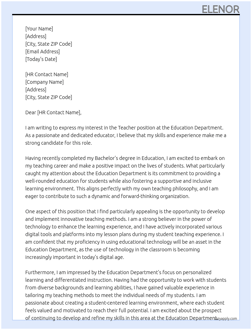 Yeacher At Education Department  Cover Letter