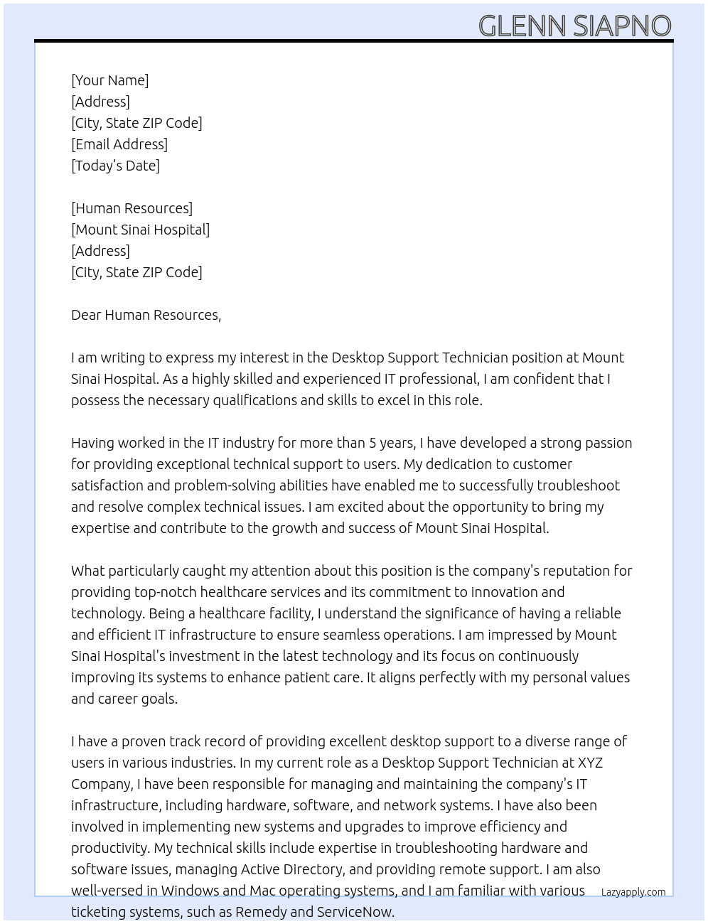 Desktop Support Technician At Mount Sinai Hospital Cover Letter