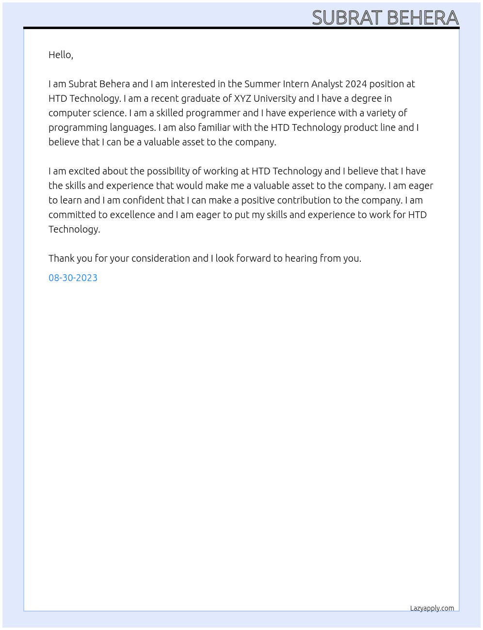 Summer Intern Analyst 2024 At HTD Technology Cover Letter