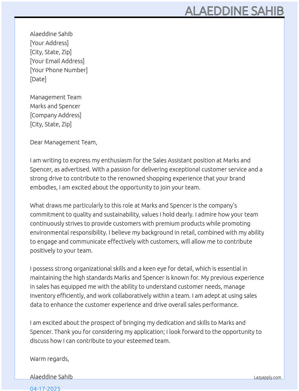 Sale assistant At marks and spencer Cover Letter