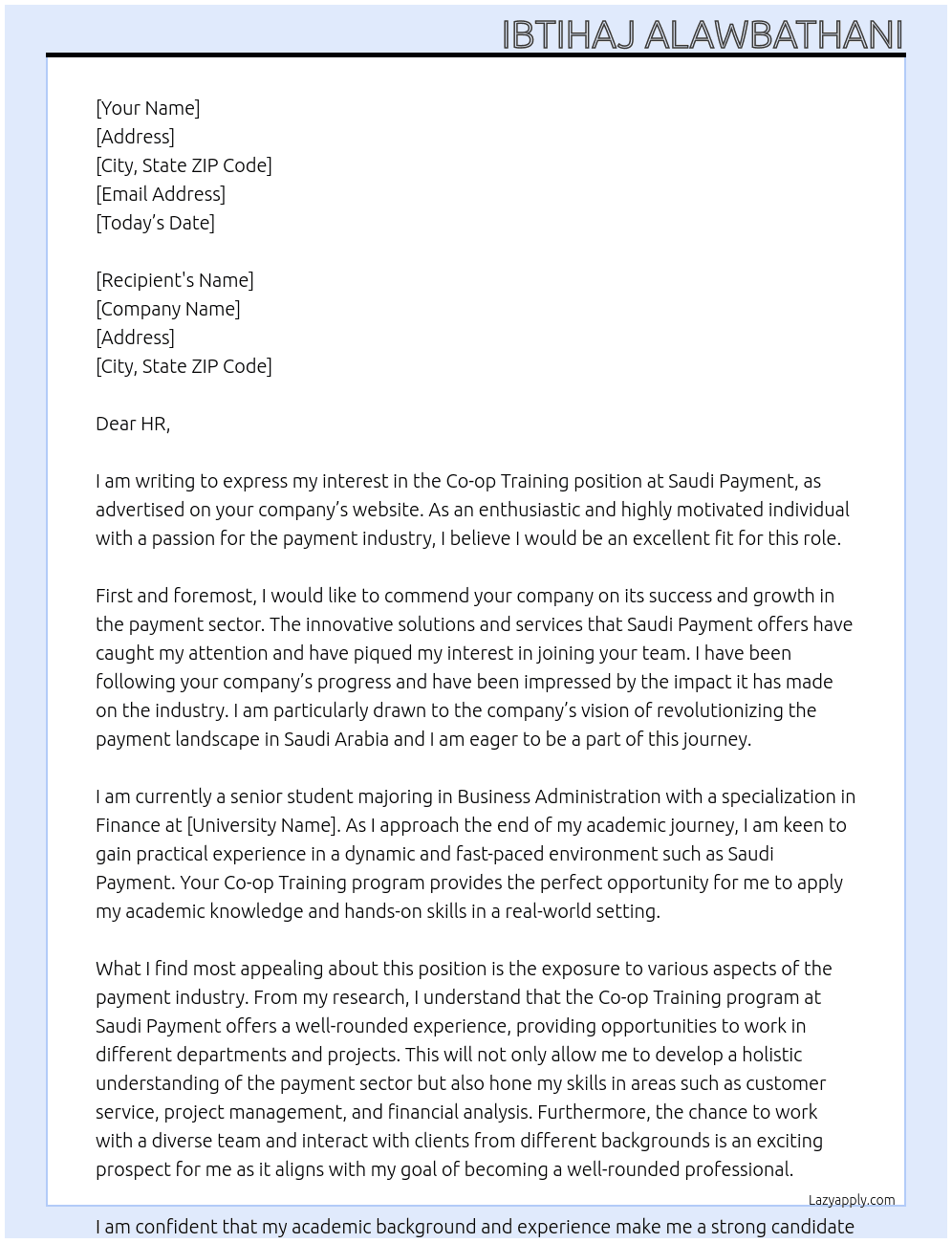 co-op training At saudi payment  Cover Letter