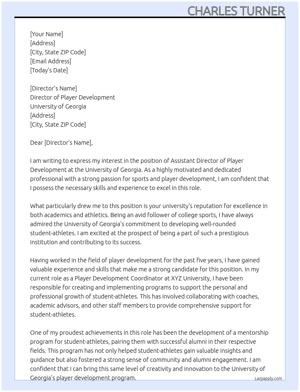 Assistant Director of Player Development  At University of Georgia  Cover Letter